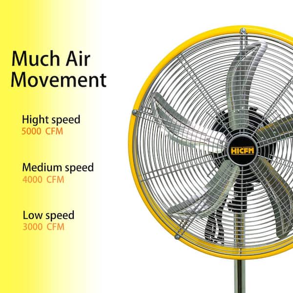 20 in. 3 Speeds High Velocity Oscillating Pedestal Fan in Yellow with 1/5 HP Powerful Motor, 5000 CFM