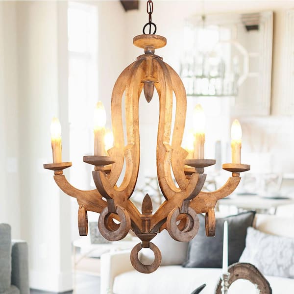 Oaks Aura Bettole Candle-style 6-Light Weathered Wood Chandelier, French Country Rustic Wooden Ceiling Light w/ Adjustable Chain