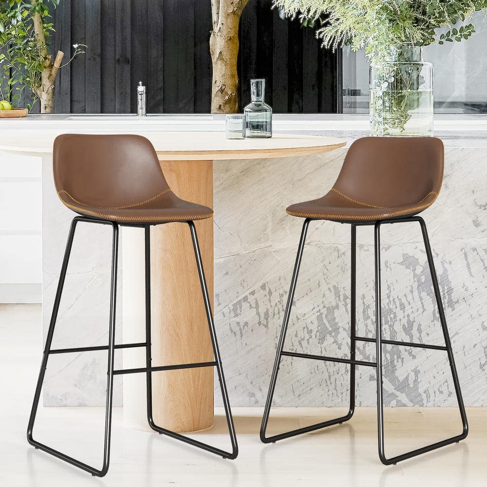 Lue Bona Modern Bar Stool with Back Faux Leather Counter Height Stool Bar Chair Set Brown 30 2pcs