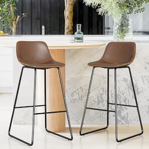 30 in. Dark Brown Faux Leather Bar Stools Metal Frame Counter Height Bar Stools with Low Back (Set of 2)