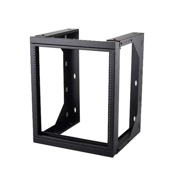 9U 19.6 in Width Black Deep Open Rack – Wall Bracket, Steel 2‑Post, Hinged Design