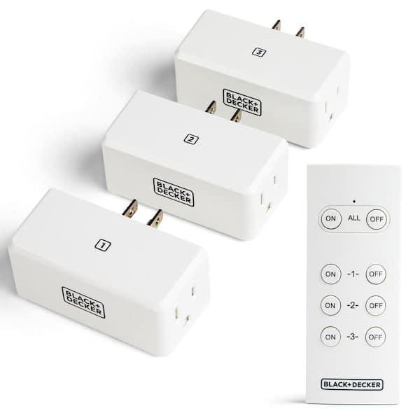 BLACK+DECKER 1 Amp to 15 Amp Plug-In Indoor Wireless Remote Control System with 3 Smart Adapters Grounded and 1 Remote, White