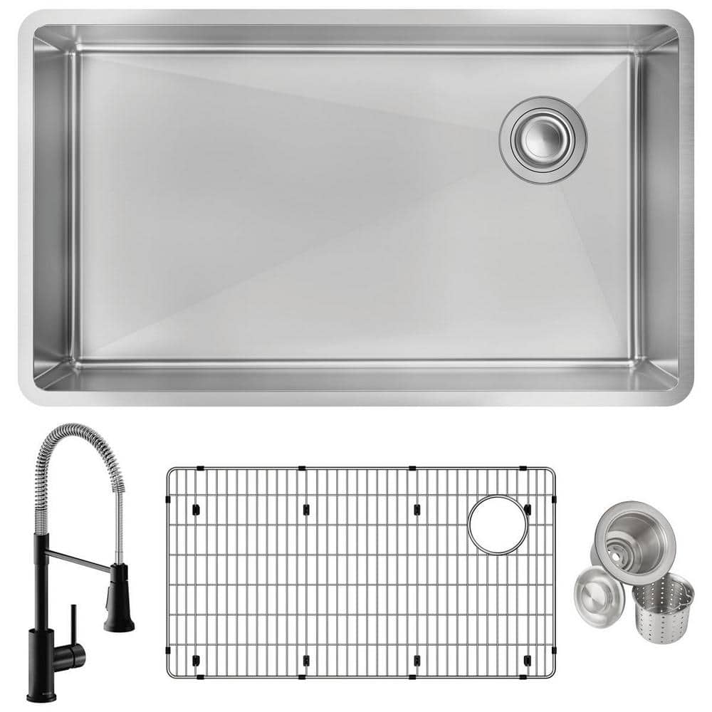 Elkay Crosstown 18-Gauge Stainless Steel 31.5 in. Single Bowl Undermount Kitchen Sink with Faucet Bottom Grid and Drain, Polished Satin -  ECTRU30179RTFBC
