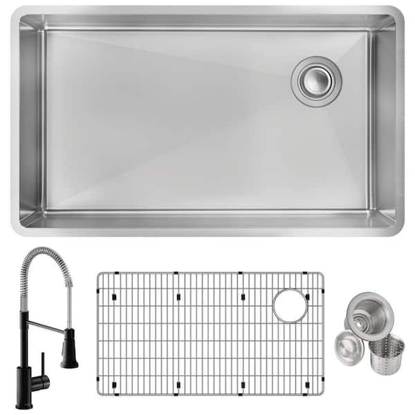 Crosstown 32 in. Undermount Single Bowl 18 G Polished Satin Stainless Steel Kitchen Sink Kit w/ Faucet and Accessories