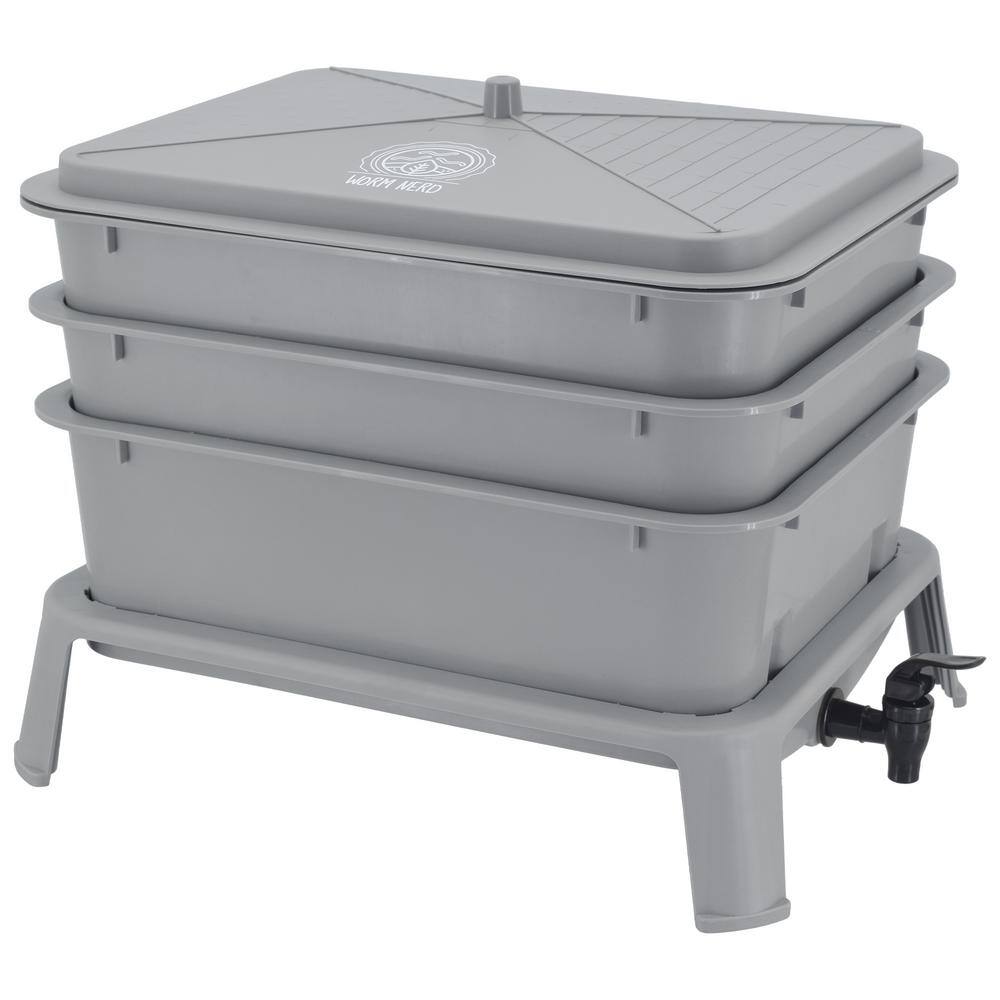 Gray 4-Tray Plastic Worm Composting Bin with Coco Coir Brick