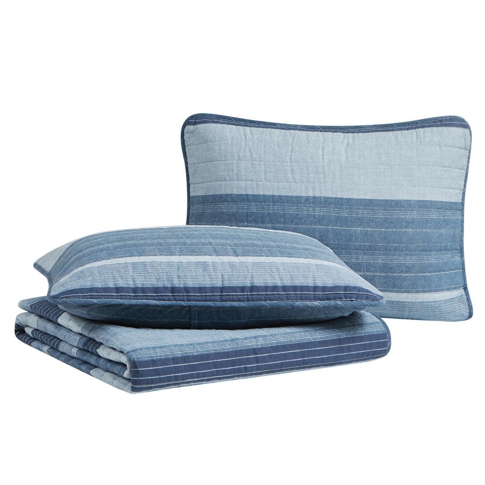 Classic Blue Cotton Reversible Full Quilt Set