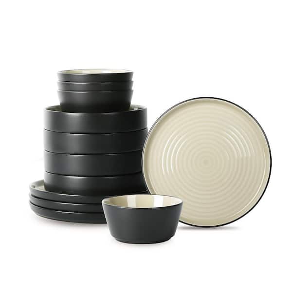 STONE LAIN Elica 12-Piece Beige and Black Stoneware Dinnerware Set (Service for 4)