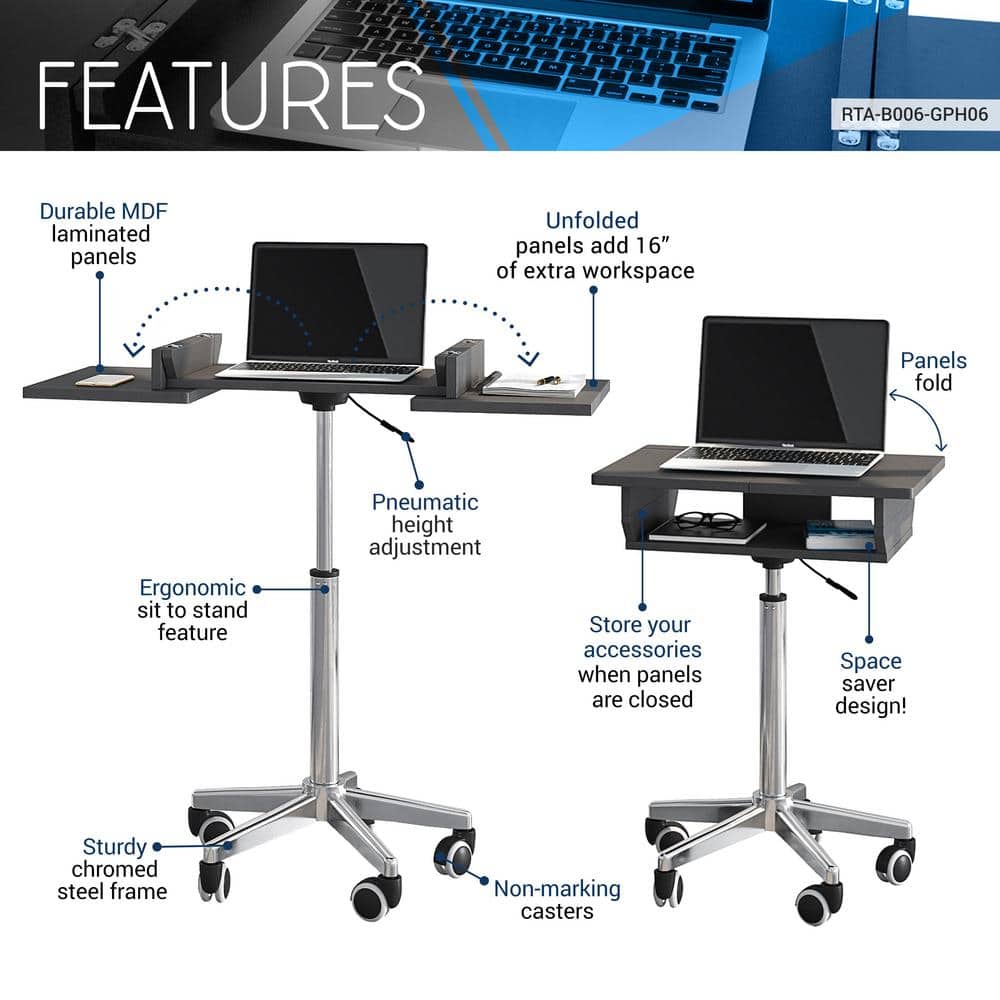 Adjustable Height Black Foldable Laptop Cart with Wood Panels