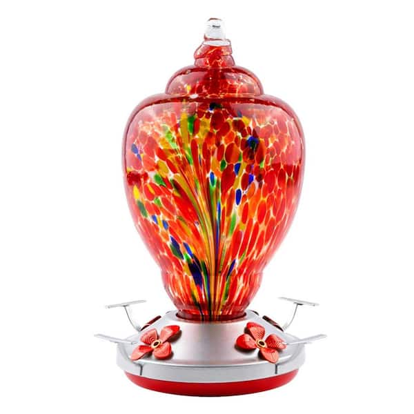 Justincity Colorful Hand Blown Glass Hummingbird Feeder with Ant Moat Hanging Hook for Outdoors Patio