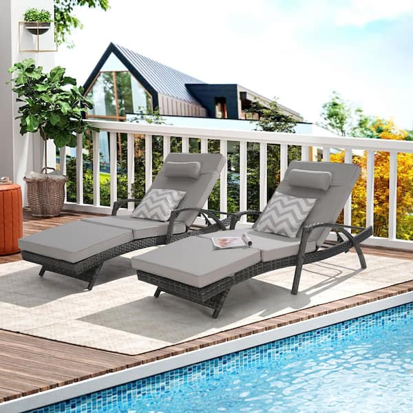 Unbranded Gray Wicker Outdoor Lounge Chair Recliner with Light Gray Cushions, Sunbathing Chairs for Beach Poolside Garden (2-Pack)