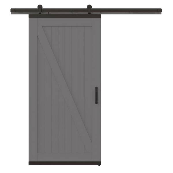 JELD-WEN 42 in. x 80 in. DesignGlide Rustic Weathered Stone Painted Wood Sliding Barn Door with Hardware Kit