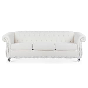 84.65 in Wide Rolled Arm Polyester Rectangle Chesterfield Sofa in White with Nail Head Trim, Button-Tufted Backrest
