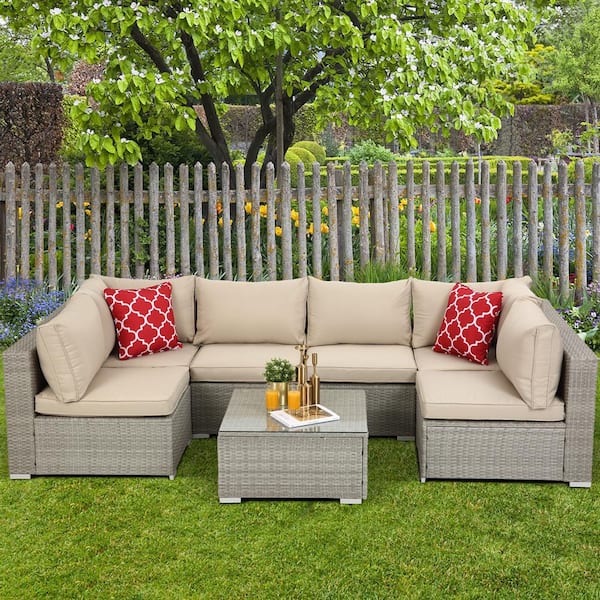 waelph Gray Wicker Outdoor Sectional Set with 2 Pillows, Coffee Table and Beige Cushions
