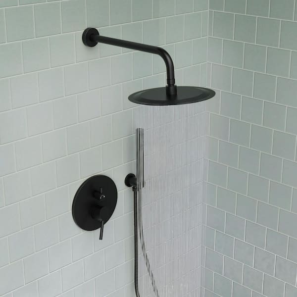 2-Handle 10 in. Round 2.5 GPM Wall Mount 2-Spray Tub and Shower Faucet in Pressure Balance Matte Black Valve Include