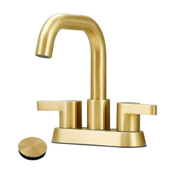 Rotatable 4 in. Centerset Double Handle Bathroom Faucet with Drain Kit Included in Brushed Gold