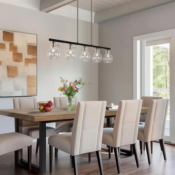 38 in. Large 5-Light Modern Black Chandelier, DIY Globe Pendant Light, Farmhouse Brass Island Chandelier for Dining Room