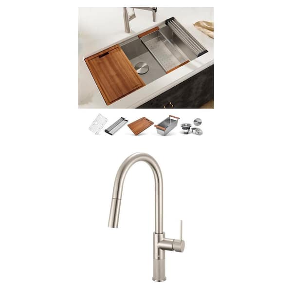 Roma 30 in. Sink Workstation with Isola Brushed Nickel Pull Down Kitchen Faucet Combo