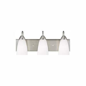 Seville 21 in. 3-Light Brushed Nickel Transitional Modern Wall Bathroom Vanity Light with White Glass and LED Bulbs