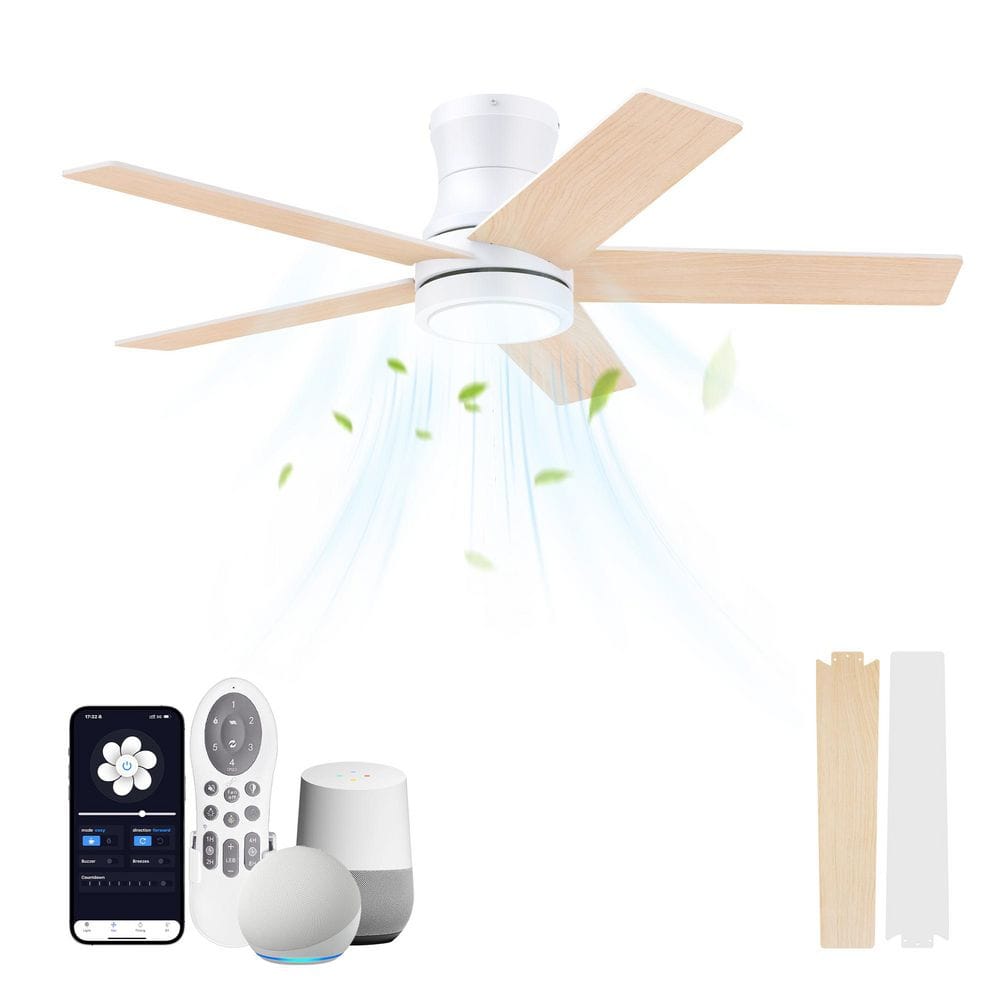 42 in. Modern White Flush Mount Outdoor Indoor Ceiling Fan w/ LED Light Color Changing DC Motor APP/Alexa/Remote Control