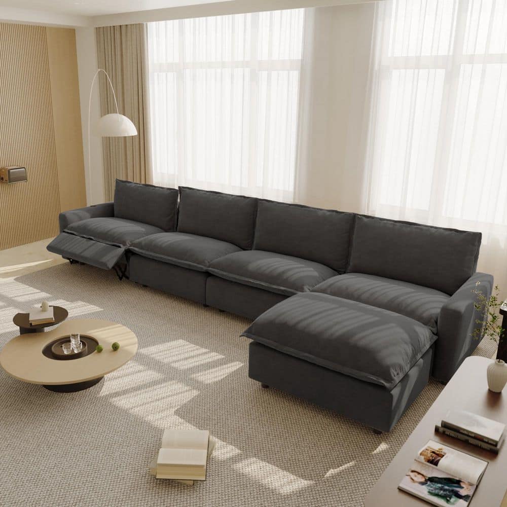 157.48 in. Square Arm Linen 5-Piece Modular Sectional Sofa with Heated Power Recliner, USB and Wireless Charging in Gray