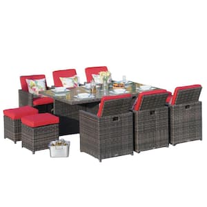 Swing Brown 11-Piece Wicker Rectangle Outdoor Dining Set with Red Cushions