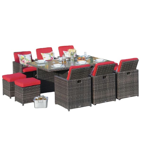 DIRECT WICKER Swing Brown 11-Piece Wicker Rectangle Outdoor Dining Set with Red Cushions
