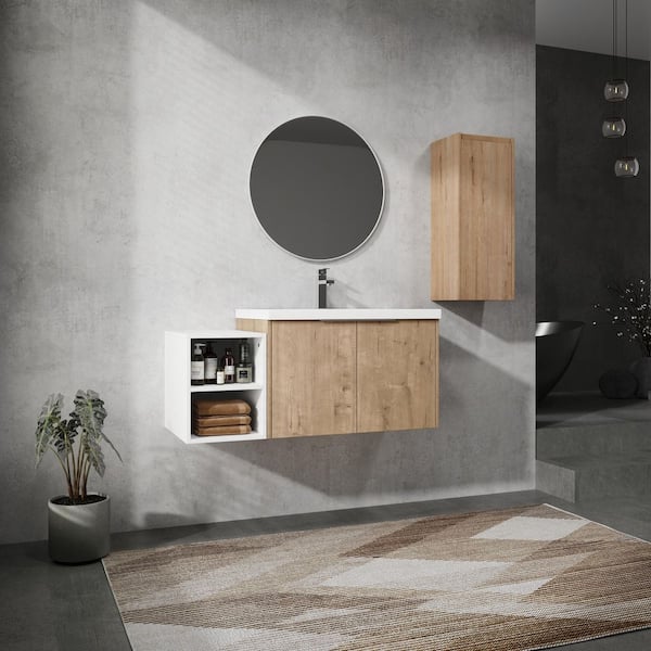 Combined 41.5 in. W X 18.1 in. D x 19.3 in. H Floating Bath Vanity in Imitative Oak with White Resin Vanity Top