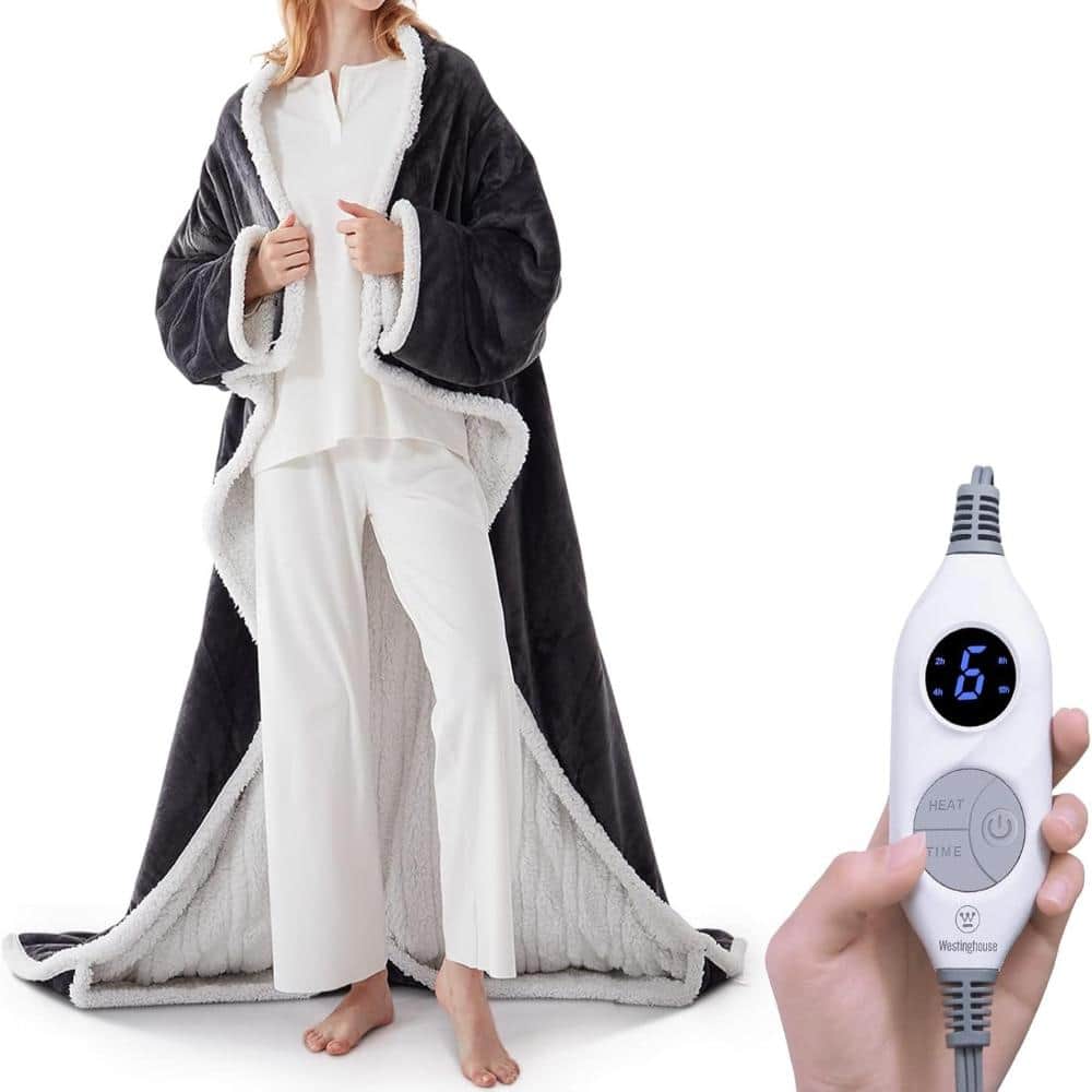 Grey and Ivory Sherpa Electric Throw Blanket with Sleeves, Foot Pocket, 6 Heat Levels and 2 to 10 Hour Timer