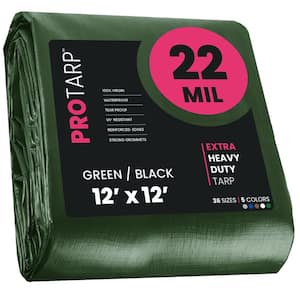 12 ft. x 12 ft. Green/Black 22 Mil Heavy Duty Polyethylene Tarp, Waterproof, UV Resistant, Rip and Tear Proof
