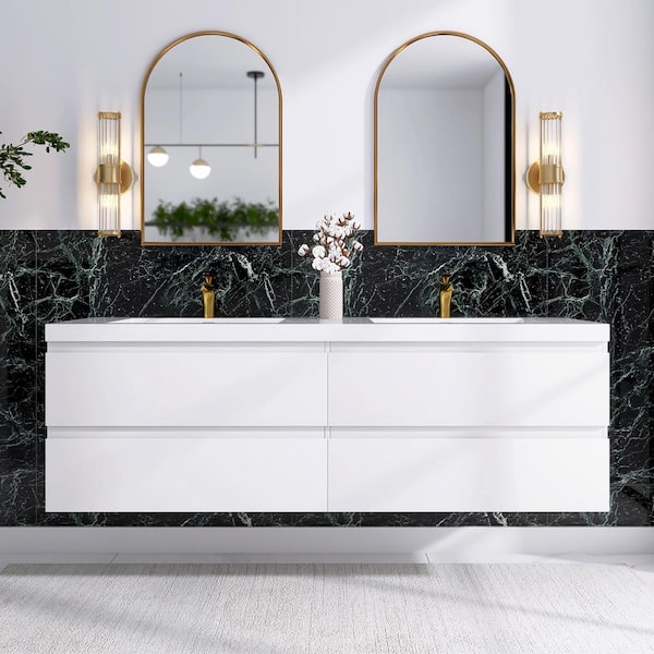 JimsMaison 72 in. W x 19.5 in. D x 20.5 in. H Double Sinks Wall-Mounted Bath Vanity in White with White Cultured Marble Top