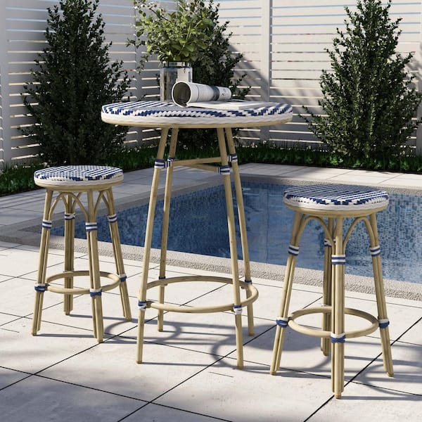 Furniture of America Urselle Natural Tone 3-Piece Wicker Outdoor Bistro Set in Navy and White