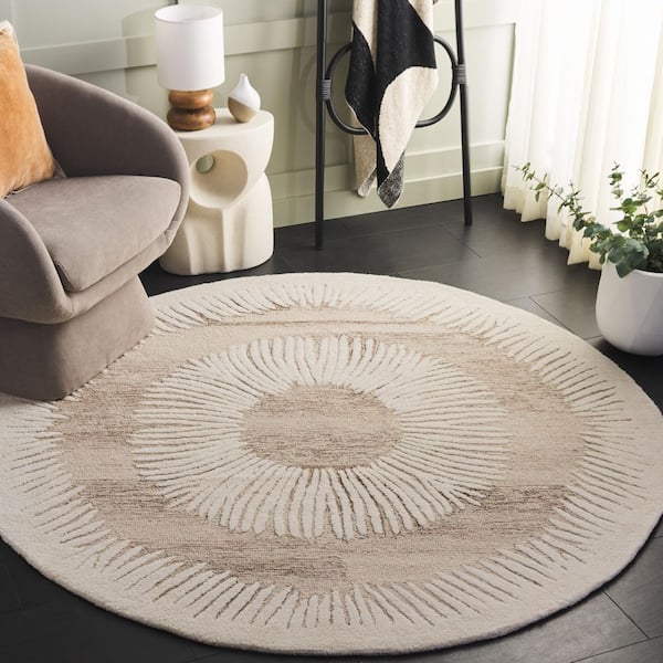 Ebony 6 ft. x 6 ft. Round Ivory/Brown Radiating Border Area Rug