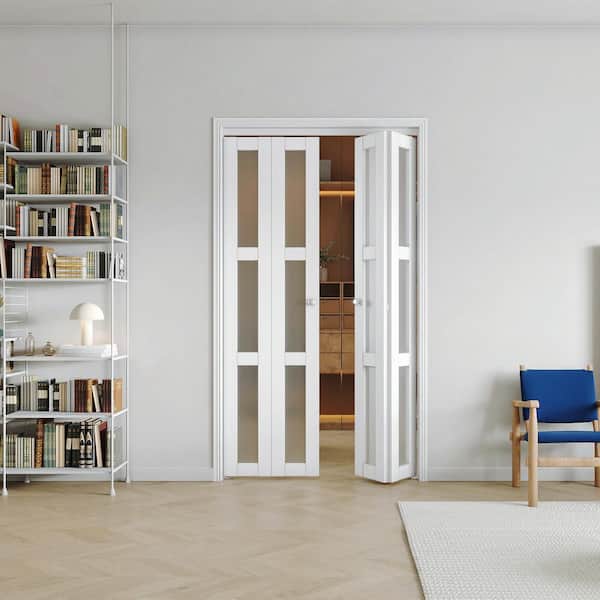 TENONER 48 in x 80 in (Double Doors)Three Frosted Glass Panel Bi-Fold Interior Door, with MDF & Water-Proof PVC Covering