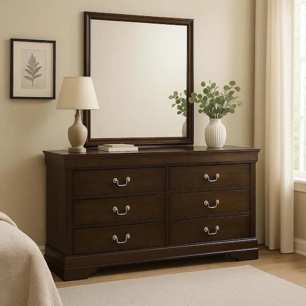 Nim Cappuccino Brown and Nickel 6 Drawer 15.75 in. Dresser with Mirror