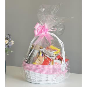 White Round Willow Gift Basket, with Pink Gingham Liner and Handle- Small
