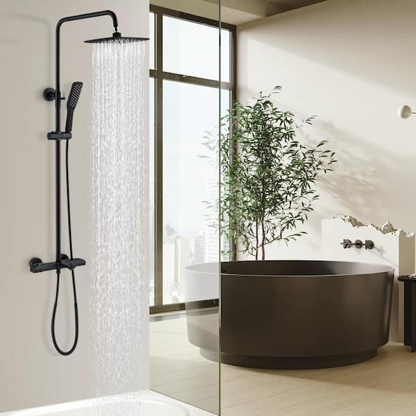 Luxury Thermostatic 3-Spray Multi-Function Tub and Shower Faucet with Hand Shower in Matte Black