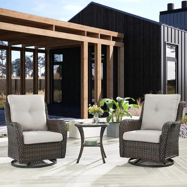 ArcoBay 3-Piece Brown Wicker Swivel Outdoor Rocking Chairs Patio Conversation Set with Olefin Beige Cushions