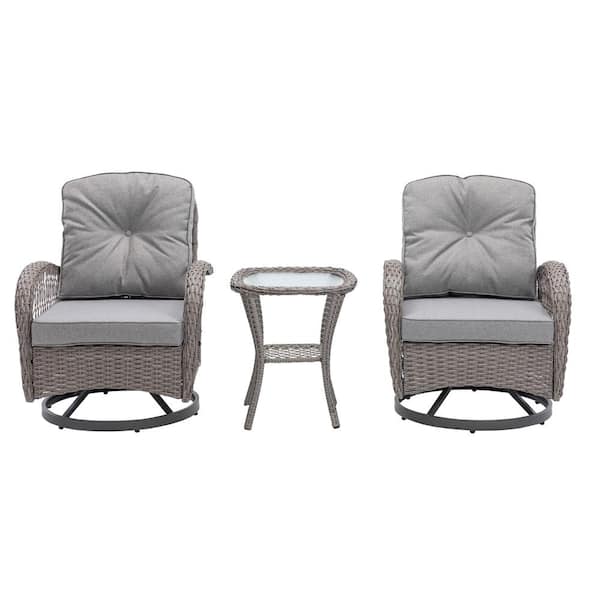 Unbranded 3 Pieces Outdoor Wicker Patio Conversation Set Swivel Rocking Chair with Gray Thickeneed Cushions and Glass Coffee Table