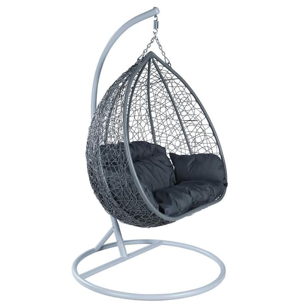 Hanging Metal Porch Swing Chair in Grey Stainless Steel Frame with Cushions Recluse Collection in Dark Grey