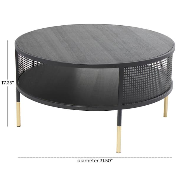 32 in. Black Medium Round Metal Open Grid Frame 1-Shelf Geometric Coffee Table with Gold Legs