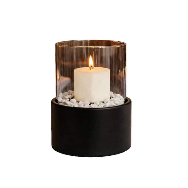 Elegant Black Metal Tabletop Hurricane Candle Holder with Decorative Glass and Stones Set for Home Decor 2-Pack