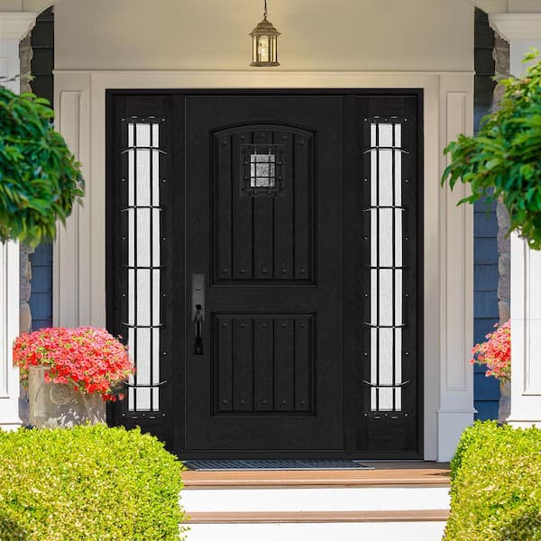 Regency 64 in. x 80 in. 2Panel Plank Cavalier Speakeasy RHIS Onyx Fiberglass Prehung Front Door w/Cavalier Dbl 12in.SL