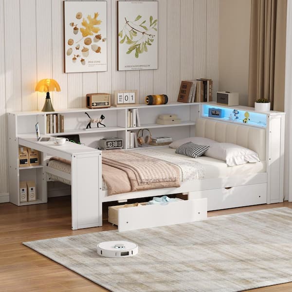 Diane Beige+White Linen Upholstered Full Size Daybed with Storage Shelves, Drawers, Charging Station, LED, Desk