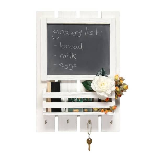 Whitewashed Wood Mail Holder and Key Rack with Chalkboard Panel 