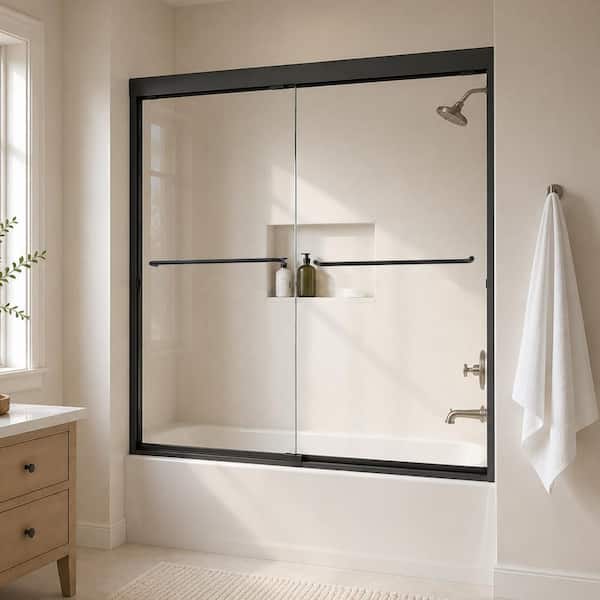 Sivilian 60 in. W x 56 in. H Sliding Bath Tub Door in Semi Frameless in Matte Black with Clear Glass