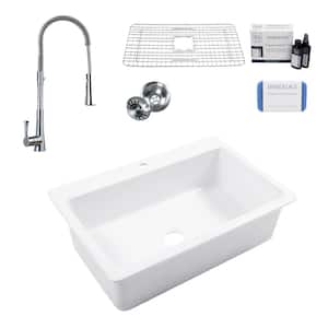 Jackson Crisp White Fireclay 33 in. Single Bowl Drop-In Kitchen Sink 1 Hole with Zuri Faucet Kit