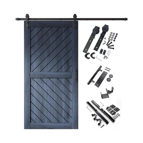 HOMACER XT3 36 in. x 80 in. C-Panel Navy Slanted Stripe Design Solid Pine Wood Sliding Barn Door with Hardware Kit