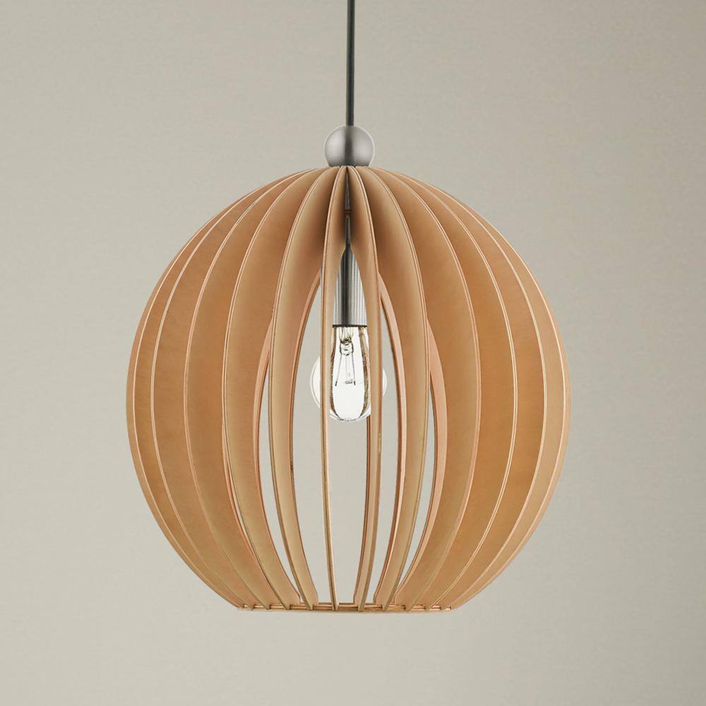 Mini Globe Brushed Nickel Pendant with Round Wood Shade