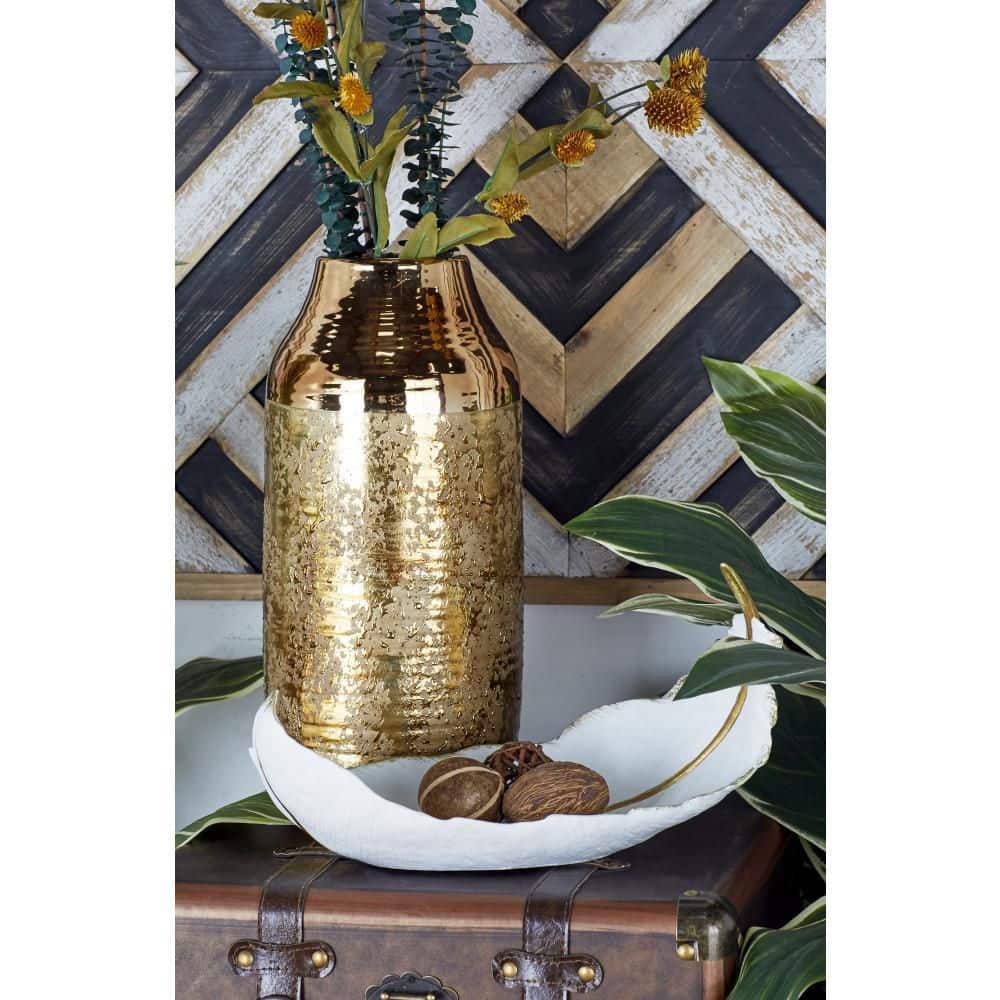 Elegant Oval White and Gold Polystone Feather Decorative Bowl