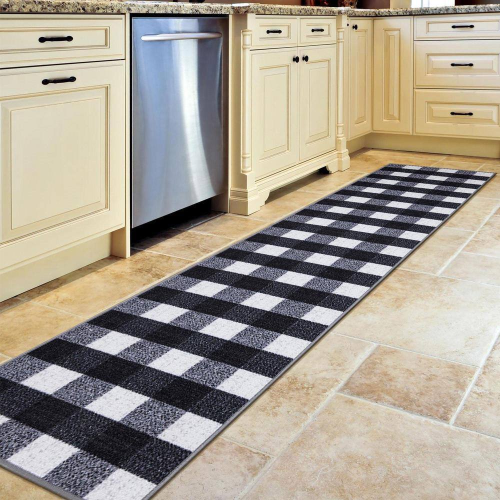 Black and White Checkered Synthetic Runner Rug 2'7" x 9'10"